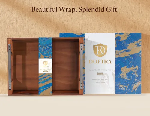 Vista 2 de Bandeja de Servir de Madera de Acacia con Asas de Metal, Bandeja de 17x13 Pulgadas para Comida y Bebidas para Mesa de Café, Desayuno, Cena y Bar