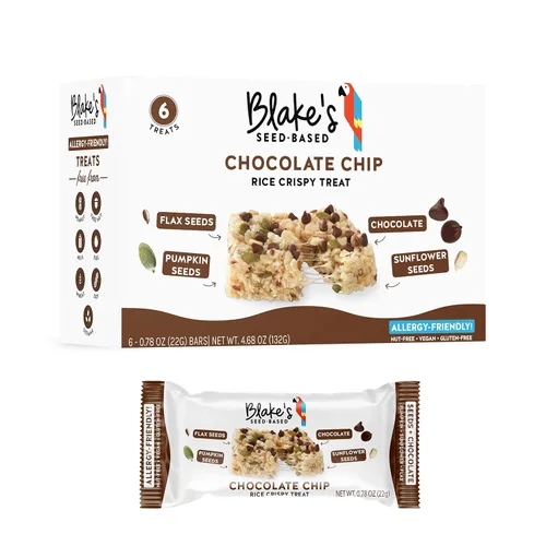 Blakes Seed Based, Chocolate Chip - Golosinas de arroz crujiente con chispas de chocolate, sin nueces, gluten, lácteos, ni soya snack saludable