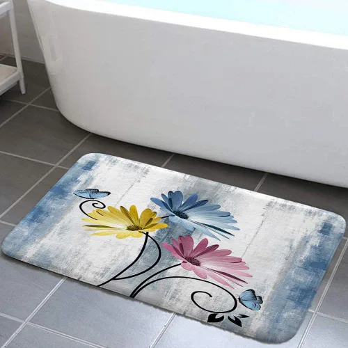 Alfombra Rústica de Granja para Baño, Flor de Campiña Daisy Floral Flores Mariposa Madera para Baño, Alfombrilla de Baño Gris Blanca Suave