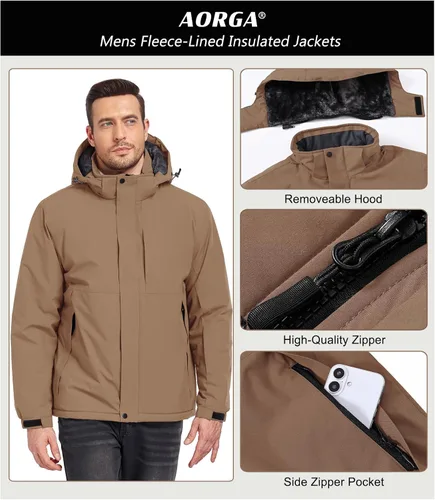 Vista 7 de Chaquetas de esquí para hombre, impermeables, chaquetas de nieve con forro de vellón, aisladas, parka pesada con capucha