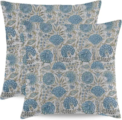 Juego de 2 fundas de almohada florales bohemias de 16 x 16 pulgadas, fundas de almohada de lino con estampado de bloques azules estilo campestre con