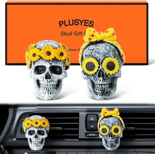 Vista 12 de Clips de ventilación de aire de coche con calavera, decoración interior gótica, accesorios de tablero de esqueleto de terror espeluznantes