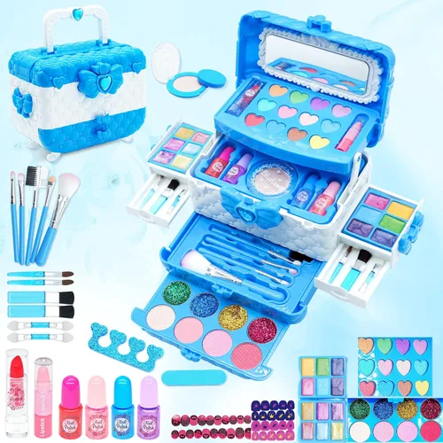 Vista 5 de Juegos de maquillaje para niñas – Maquillaje lavable para niños con espejo, tocador real con soporte, kit de maquillaje de princesa perfecto