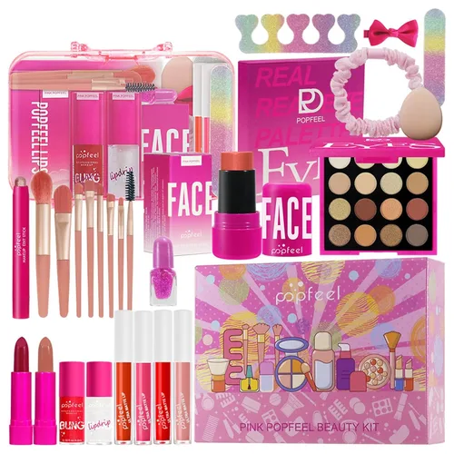 Kit de maquillaje todo en uno rosa intenso para mujeres, kit completo de regalo para el día de San Valentín para mujeres y niñas, paquete esencial