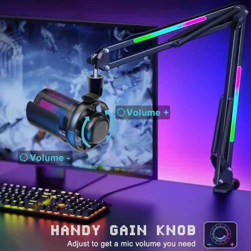 Vista 4 de KingSom Micrófono USB para juegos, micrófono condensador de cancelación de ruido con brazo de brazo RGB, micrófonos para podcast RGB