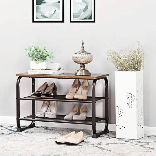 Vista 2 de VASAGLE - Banco para zapatos, estante de almacenamiento de 3 niveles para entrada, pasillo, sala de estar, muebles de acento industrial con marco