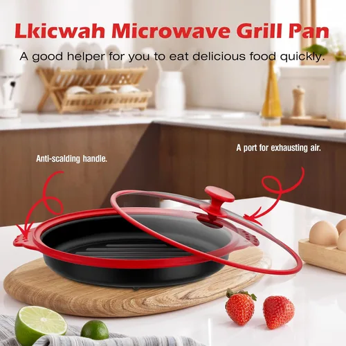 Vista 9 de Sartén para microondas con tapa de vidrio, parrilla de microondas y sartén para asar a la parrilla, freír, dorar y crujir, utensilios de cocina