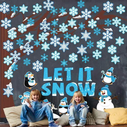 Vista 7 de 94 piezas de decoración de tablón de anuncios de invierno para el aula, árbol de copo de nieve Let it Snow, decoración de aula, copo de nieve