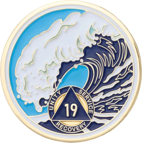 Vista 47 de Moneda AA de 1 año – Medallón de recuperación de ondas estrelladas de Sobriety Mint – azul/blanco/dorado