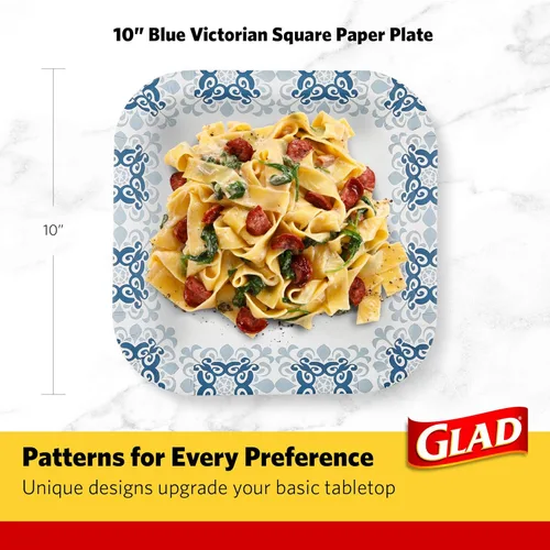 Vista 6 de Glad Platos cuadrados de papel resistentes, platos desechables a prueba de remojo y cortes, para fiestas y comidas diarias, aptos para microondas