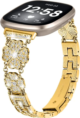 Vista 10 de Correa de muñeca diseñada para Fitbit Versa 4/Versa 3 Smartwatch Bling Bands para mujer, elegante pulsera de acero inoxidable de metal con diamantes