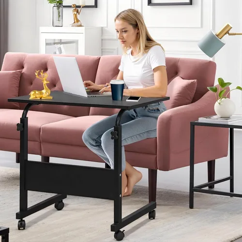 Vista 2 de soges Carrito de escritorio con ruedas para computadora portátil, altura ajustable, mesa auxiliar de sofá móvil de 31.5 pulgadas con ranura