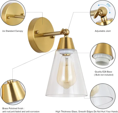 Vista 5 de MWZ Juego de 2 apliques de pared dorados, modernos apliques de latón cepillado con pantalla de vidrio transparente, accesorios de iluminación