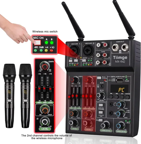 Vista 6 de Mezclador de audio profesional con micrófono inalámbrico dual, interfaz de sistema de consola de placa de sonido, 4 canales, mezclador de DJ USB