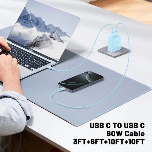 Vista 6 de QZIIW Cargador Samsung súper rápido tipo C, bloque de cargador rápido USB C de 45 W de doble puerto [paquete de 2] y cable USB C extralargo de 60 W