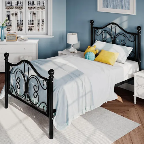 Vista 7 de SHA CERLIN Estructura de cama de tamaño individual para niños, estructura de cama de metal con cabecero y pie de cama con diseño