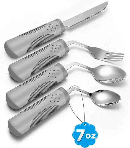Vista 8 de Utensilios adaptativos (juego de 4 piezas) con peso de 5 oz – Utensilios en ángulo de 42° para pacientes de Parkinson, temblores de manos, artritis