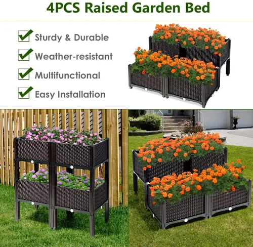 Vista 2 de Giantex Cama de jardín elevada, juego de 4 macetas elevadas con agujeros de drenaje para frutas y verduras, caja de plantación elevada al aire libre