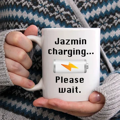 Vista 2 de Jazmin Charging Coffee Mug - Personalized Ceramic Cup with Name, Custom Mug, Customized Birthday/Christmas Gift, Holiday Present, 11 Oz