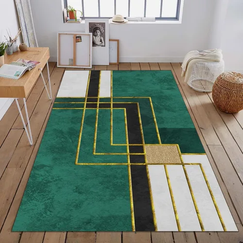 Vista 4 de Alfombra de área con textura de mármol verde y blanco, con geometría de líneas doradas abstractas para interiores, antideslizante, lavable a