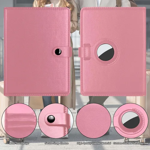 Vista 7 de Airtag - Funda para pasaporte y tarjetero de vacunación con funda de pasaporte AirTag para hombres y mujeres, Rosado, Genérico