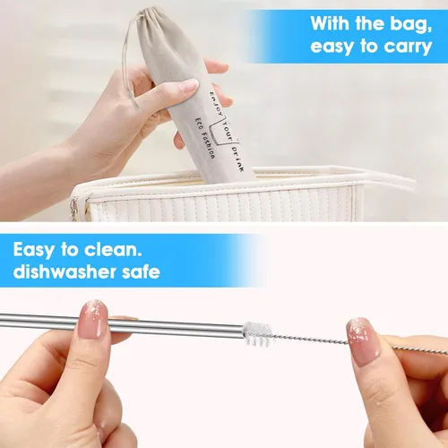 Vista 4 de MUTNITT Juego de 20 popotes de acero inoxidable doblados reutilizables de 10.5 pulgadas con 20 puntas de silicona, 5 cepillos de limpieza, 1 estuche