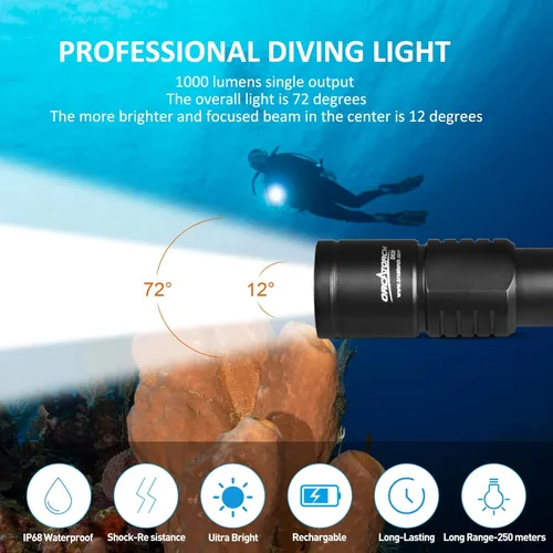 Vista 2 de orcatorch D520 linterna de buceo Luz 1000 lúmenes Submarino Luz 150M Equipo de buceo impermeable luces de seguridad para buceo, Luz de buceo