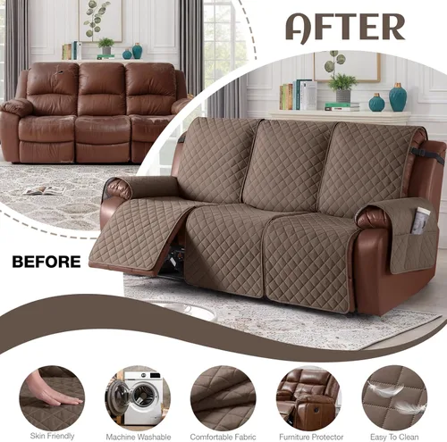 Vista 5 de KinCam Fundas de sofá reclinable 100% impermeables, antideslizantes para sofá reclinable de 3 plazas, protector de muebles con correas elásticas