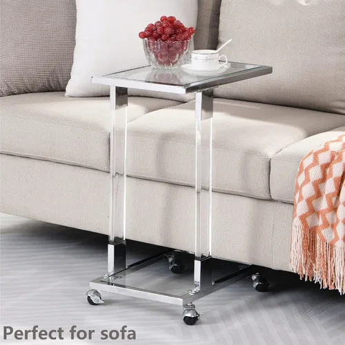 Vista 3 de Mesa auxiliar de cristal plateado, mesas auxiliares cromadas en forma de C con ruedas móviles, mesa acrílica, mesa C deslizante, debajo del sofá