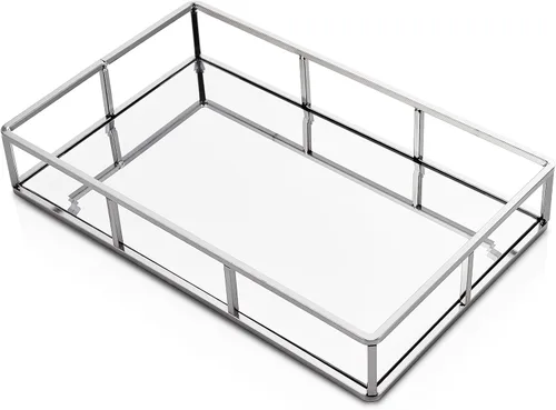 Vista 9 de Bandeja con espejo PuTwo, bandeja dorada para cómoda, bandeja decorativa de metal, bandeja de joyas y perfumes, bandeja para maquillaje