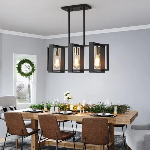 Vista 2 de Iluminación de isla de 23.6 pulgadas, lámpara de comedor con 3 luces, iluminación lineal de isla de cocina para mesa de billar, sala de estar, Madera