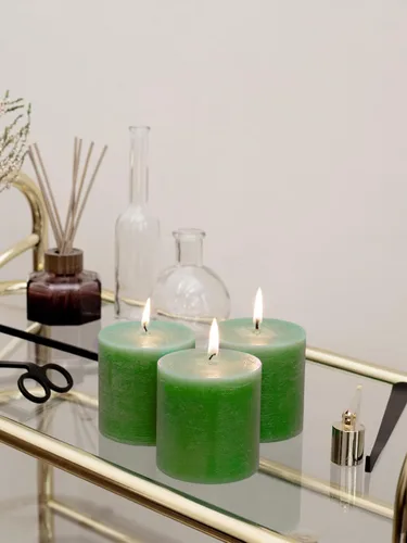 Vista 5 de CANDWAX Juego de 3 velas de pilar verde hierba de 3 x 3 pulgadas, rústicas sin perfume, sin goteo, para ocasiones especiales, bodas, centros