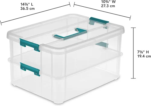 Vista 2 de Sterilite 1427CLR Stack & Carry - Caja de 2 capas, tapa transparente y mango azul, capas transparentes