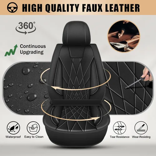 Vista 5 de Fundas para Asientos de Coche, 2 Fundas de Asiento Frontales de Cuero Sintético para Honda Civic 2003-2015 (Juego de 2 Asientos Delanteros, Negro)