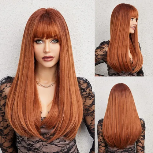 Vista 23 de HAIRCUBE - Peluca marrón con reflejos rubios, peluca larga y rizada con flequillo, peluca marrón de apariencia natural, peluca sintética resistente