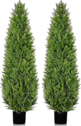 Vista 9 de Dos plantas artificiales rosas de 4 pies, árboles artificiales para interiores y exteriores, arbustos artificiales antirrayos ultravioleta, cedro
