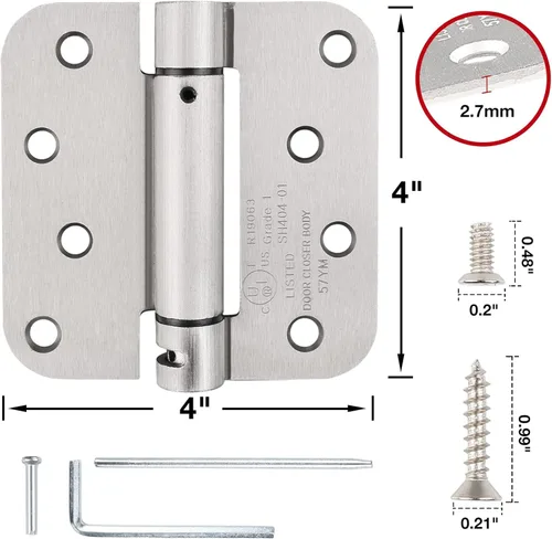 Vista 2 de 1 paquete de bisagras de puerta de cierre automático satinado/níquel cepillado de 4 x 4 pulgadas, bisagras de resorte redondeadas resistentes