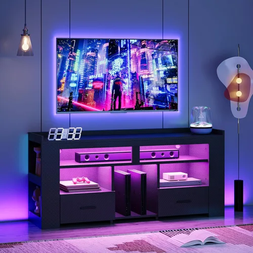 IRONCK Soporte de TV para TV de 65 pulgadas, centro de entretenimiento de fibra de carbono con 2 cajones, estación de carga y luz LED RGB, consola