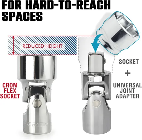 Vista 4 de CROM Juego Universal de Llaves de Enchufe Flexible - Juego de Llaves de Enchufe Giratorias de 6 Puntos - Junta Giratoria para un Acceso Más Fácil a