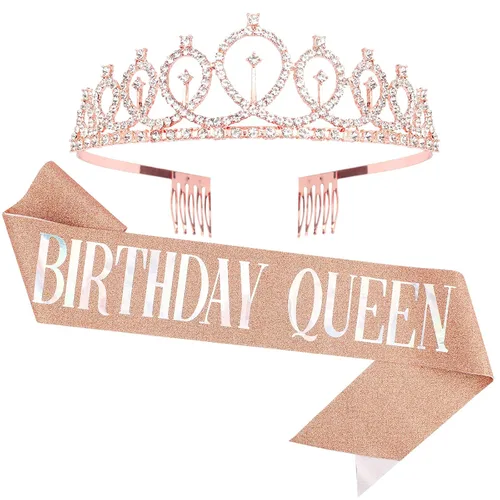 Vista 14 de CAVETEE Corona de cumpleaños y banda para mujer, juego de tiara de diamantes de imitación de reina, decoraciones, coronas negras