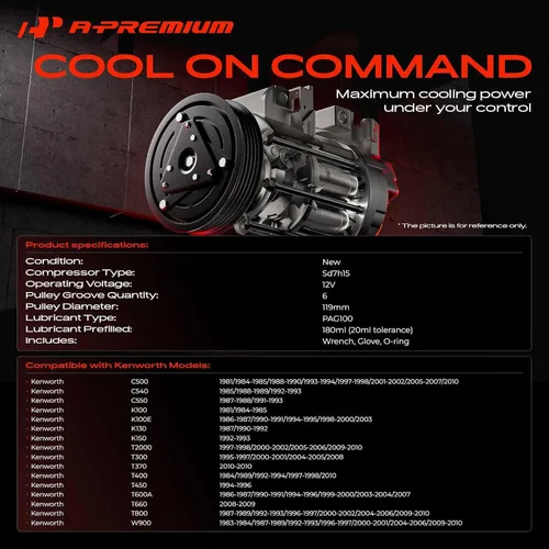 Vista 2 de A-Premium Compresor de aire acondicionado con embrague compatible con Kenworth C500 K100E T2000 T600A T800 y Peterbilt
