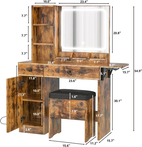 Vista 2 de IRONCK Escritorio de tocador con espejo iluminado LED y toma de corriente, mesa de maquillaje con cajones y gabinete, taburete de almacenamiento