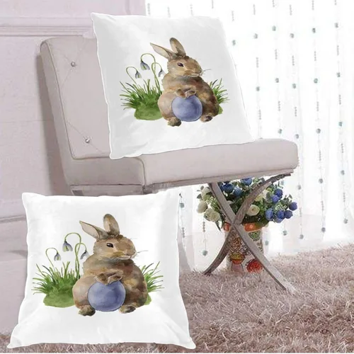 Vista 3 de Juego de 2 fundas de almohada decorativas de conejo de Pascua de 16 x 16 pulgadas, con diseño de conejos y hojas de primavera, fundas de almohada