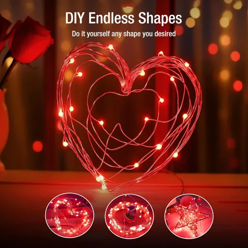 Vista 4 de Paquete de 6 Luces de Hadas a Batería - 7 pies 20 Luces LED Parpadeantes 3 Modos, Mini Luces de Cadena a Granel Impermeables para Frascos Mason Rojo