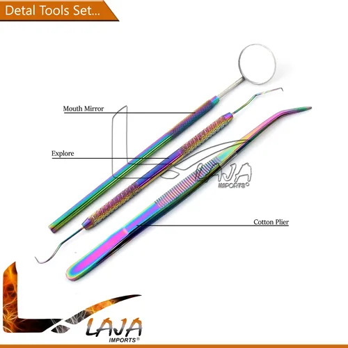Vista 2 de Juego de higiene dental – 3 piezas de instrumentos dentales básicos de acero inoxidable Dental Rainbow Dental Diente espejo bucal/alicates