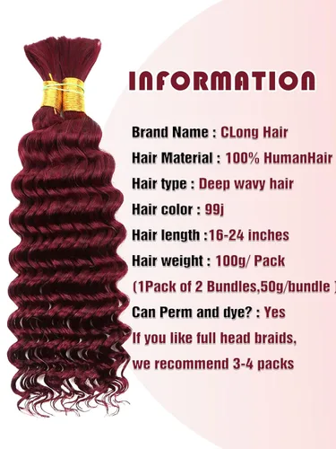 Vista 2 de Human Braiding Hair Deep Wave Bulk Human Hair for Braiding, No Weft Curly Braiding Hair Extensions for Boho Braids Wet and Wavy Braiding Human Hair