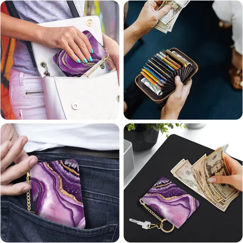 Vista 3 de Tarjetero RFID para tarjetas de crédito, cartera pequeña para mujer con llavero con cremallera, divertido estampado de cuero para tarjetas