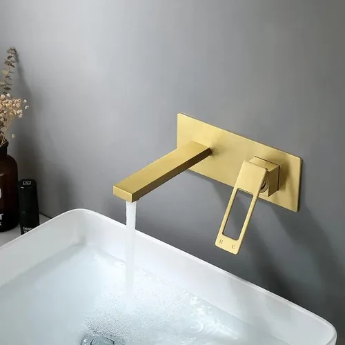Vista 2 de KunMai Grifos de montaje en pared, grifo de lavabo de baño de una sola manija, válvula de latón macizo incluida en oro cepillado (oro cepillado)