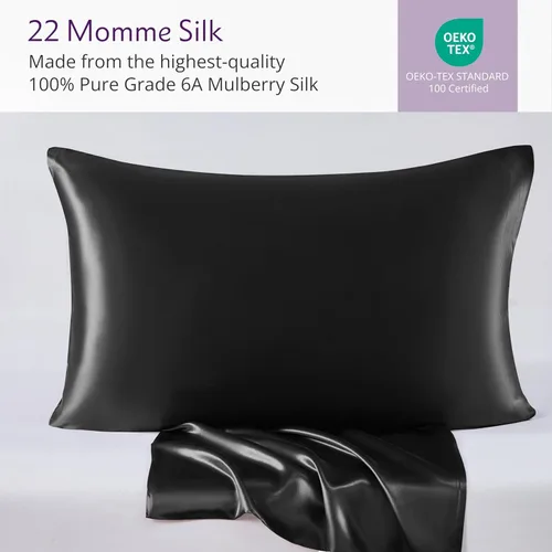Vista 2 de Mulberry Park - Funda de almohada 100% seda, 22 mommes, seda de morera grado 6A, cierre de sobre profundo, color negro/estándar (20 x 26 pulgadas)