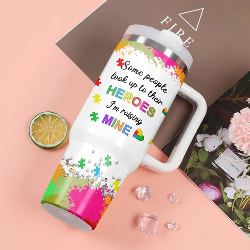 Vista 2 de Regalos para mamá, vaso de concientización sobre el autismo, vaso de 40 onzas con asa para mamá autista